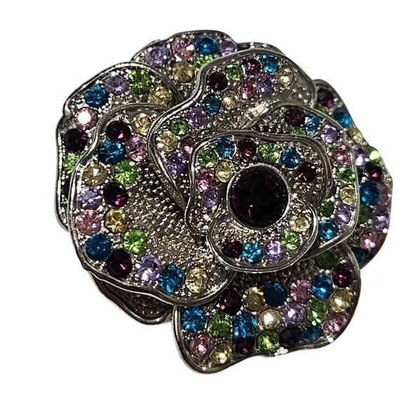 Elegant Retro Multicolor Rhinestone Silver Tone Flower Brooch Pendant Jewelry - Picture 1 of 4